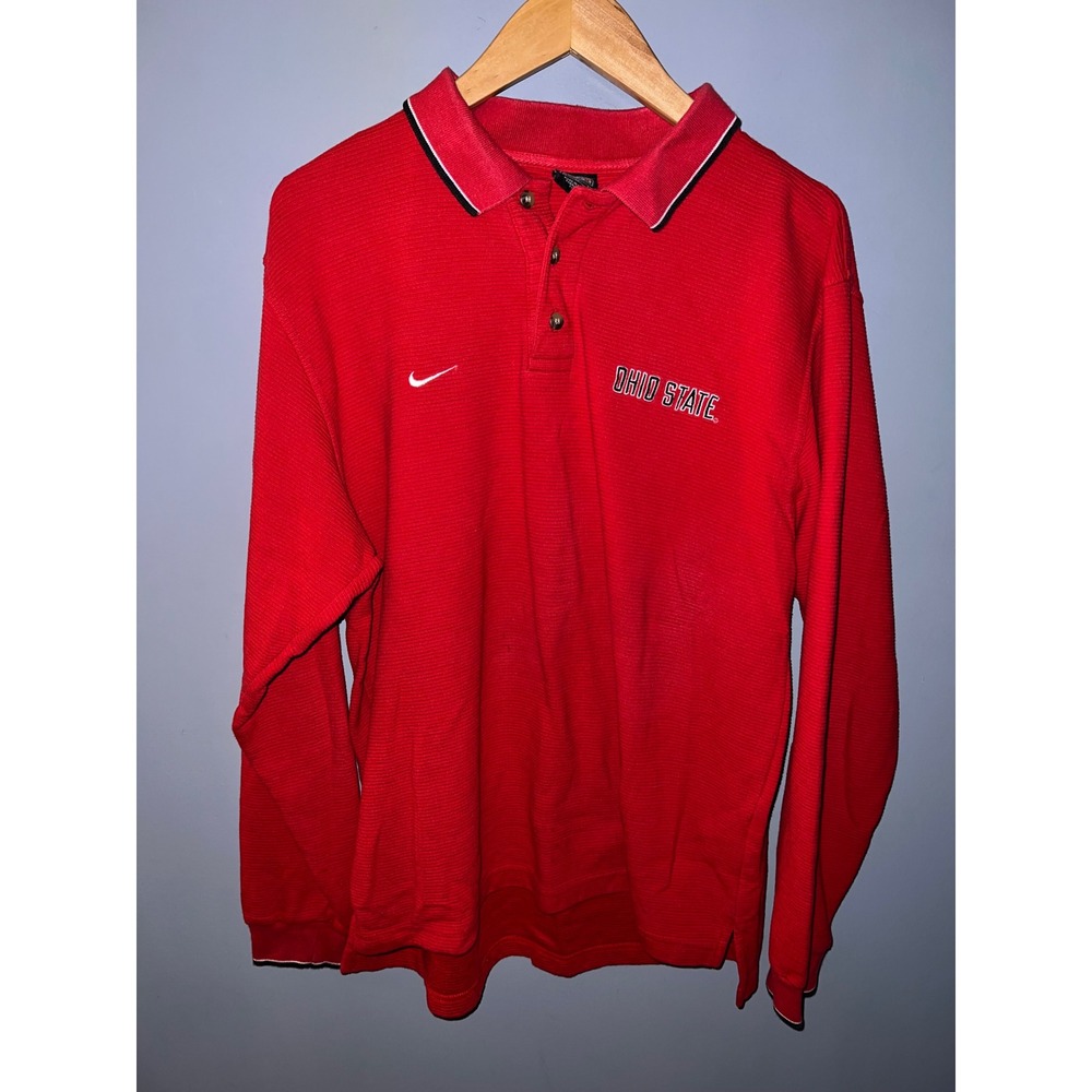 Nike Team Ohio State Buckeyes Long Sleeve Polo Shirt Red Waffle Knit Mens Medium